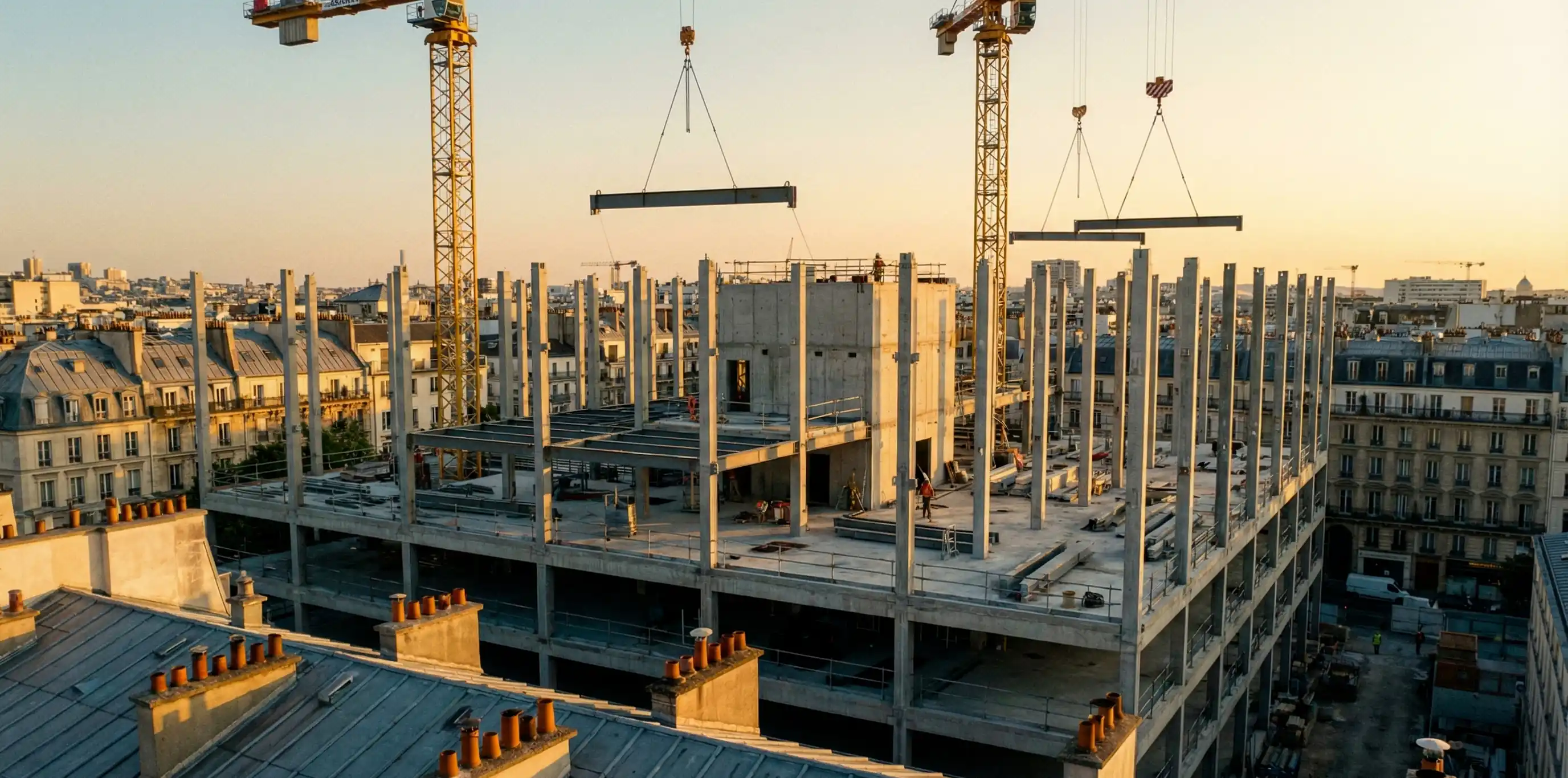 Vue panoramique chantier construction gros œuvre - Solution complète suivi audiovisuel et archives vidéo pour entreprises BTP